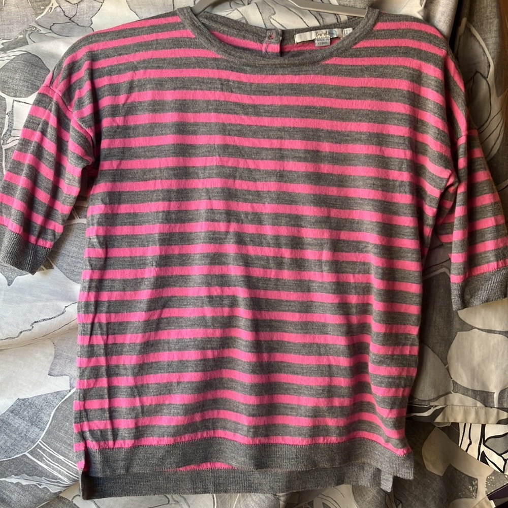 BODEN 100% wool striped sweater size 4 pink & gray thin lightweight 3/4 sleeve